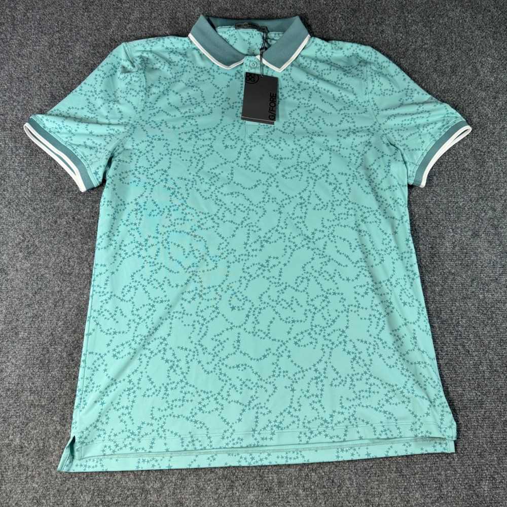 G/FORE Mens Star Chain Printed Tech Golf Polo Shirt Aqua Green Size M NEW